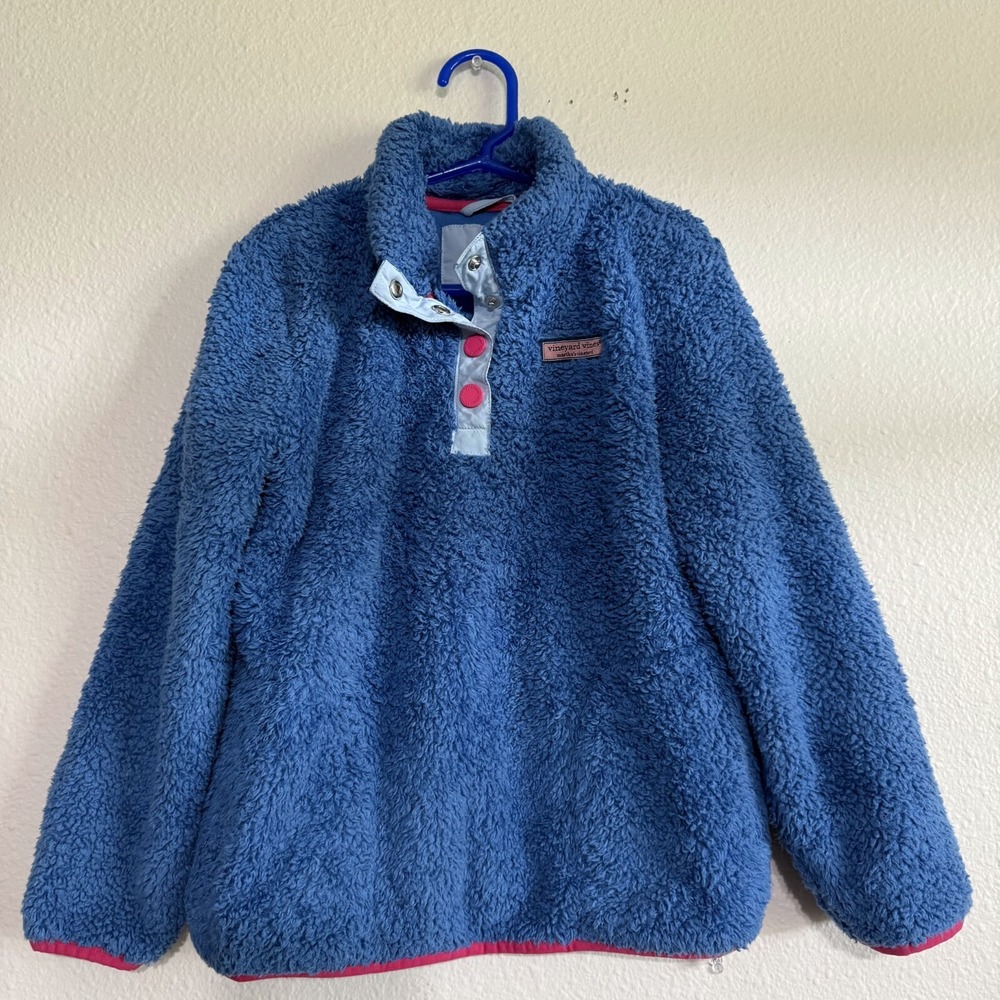 Vineyard Vines Sweatshirt Girls Small Blue Teddy Fleece Quarter-Snap Pullover‎